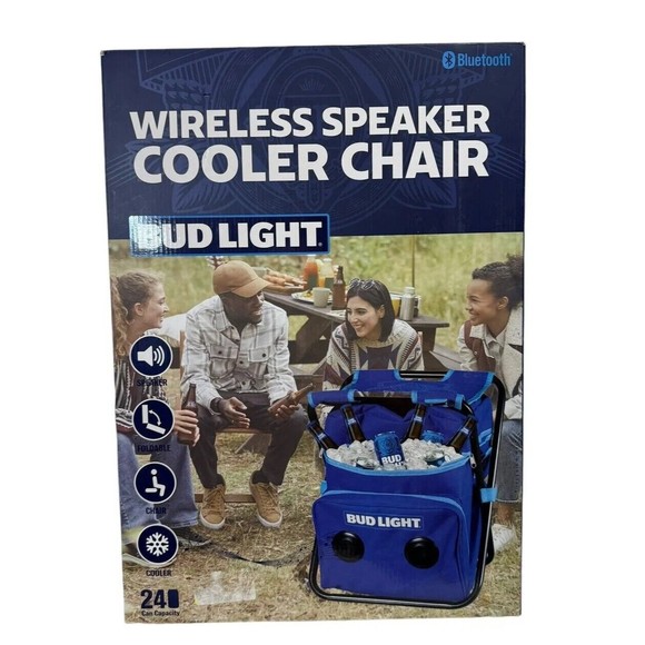 Bud Light Folding Chair Cooler Speaker Combo Blue Bluetooth Wireless Speaker - Picture 1 of 5